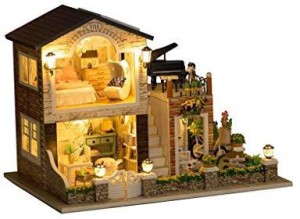 Rylai 3D Puzzles Miniature Dollhouse DIY Kit Light Queenstown Holidays Series Dolls Houses Accessories with Furniture LED Music Box 