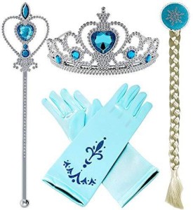 Tiara Wand and Braid Lake Blue Princess Elsa Dress Up Party Costumes Accessories Set Gloves