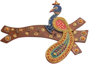 Indian Handmade Peacock Design Key Hanger Hand Painted For Home Decor And Gift