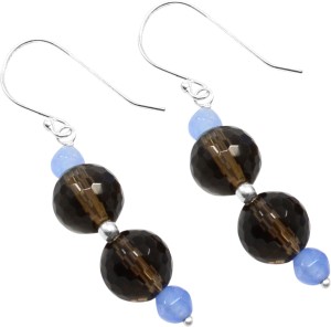 wire-wrapped Dangle Earring Jaipur Rajasthan India Handmade Jewelry Manufacturer Round Beaded Smoky Quartz & Chalcedony 925 Sterling Silver 