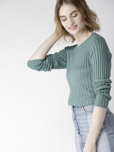 Mist Green Solid Color Round Neck Textured Short Sleeve Sweater