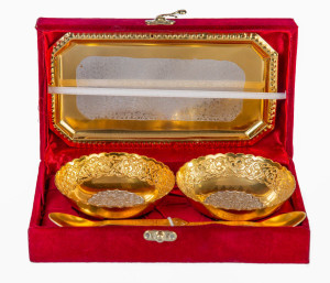 INTERNATIONAL GIFT Gold HandWork Bowl With Tray And Spoon 4 Inch