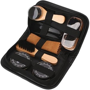 2 Brushes Shoe Care Box Kit With Cloth Sponge & Storage Bag Shoe Horn 