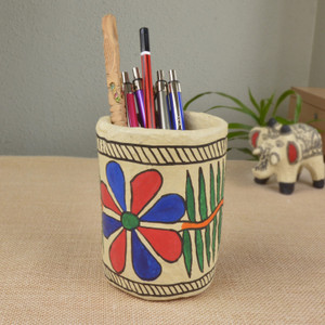 Brown - Mandana Art Handpainted Paper Mache Pen Stand (3 x 3 in)