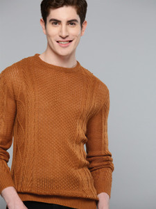 Round Neck Casual Men Brown Sweater 