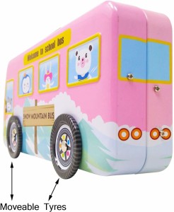  | Johnnie Boy Multicolour Cartoon Printed School Bus Shape  Metal Pencil Box with Moving Tyres for Kids (pink ) Geometry Box -