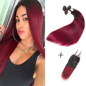 Baiermei Malaysian Ombre Burgundy Bundles 99J Bundles Straight Bundles With  Lace Closure Ombre Human Bundles Burgundy Closure Soft Smooth Silky (14 16  18 +14 Malaysian) [Cat_4213] Hair Extension Price in India -