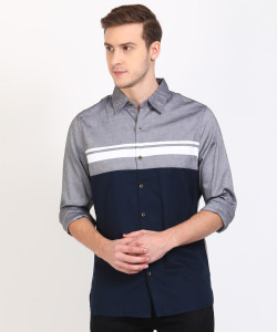 blue cotton color block casual shirt