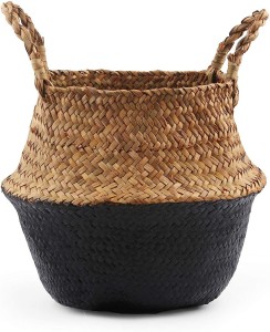 Straw Beach Bag Picnic Suitable for Storage Plant Pot Basket and Laundry Woven Seagrass Belly Basket with Handles Handmade and Grocery Basket Foldable （L Natural Original） 