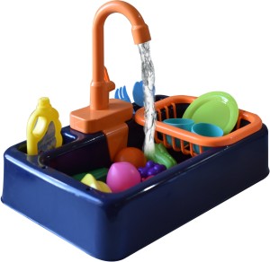 Red deAO Pretend Wash-up Kitchen Sink Role Play Playset with Simulated Electric Water Tap and Accessories 