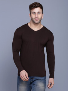 Menkovy Solid Men V Neck Brown T-Shirt 