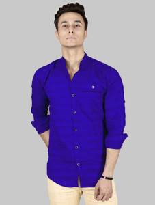blue cotton color block casual shirt