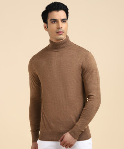 High Neck Casual Men Brown Sweater 