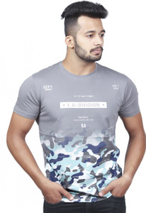 Buy DAVNO Printed Men Round Neck Grey T 