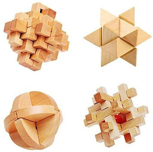 Qtfhr 3D Wooden Cube Brain Teaser Puzzle Kong Ming Lock - Set of 4 - 3D ...
