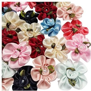 Chenkou Craft Pac.k of 12pcs Chiffon Flowers Ribbon Bows W/Beads 2-3/8 Appliques Wedding Decor Bulk Lots Khaki 60mm 
