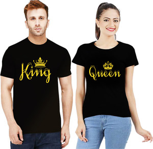Printed Couple Round Neck Black T-Shirt 