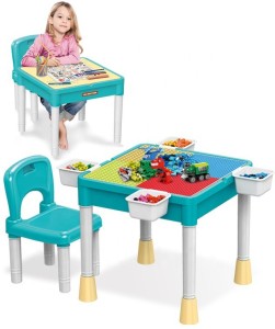 5 in 1 Multi Kids Activity Building Table with Children's Table 130Pcs Blocks and 1 Chair Set and 4 Storage Boxes Kids Building Blocks Table and Chair Set Suitable for Boys and Girls 
