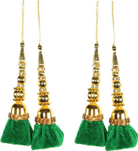 Sea Green Silk Thread Cone With Glass Pipe Ethnic Work Latkan Hanging Set Of 2