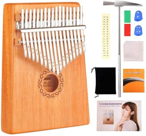 FluTune Kalimba 17 Keys Piano with Study Instruction and Tune Hammer Blue Perfect Gift Portable Mahogany African Wood Finger Piano for Kids Adult Beginners Professionals 