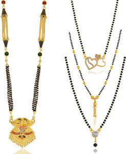 Aleafa Traditional Gold Plated Mangalsutra Necklace & Earring Set - 30 Inch Long, Black Beads, Handcrafted Design - View #3