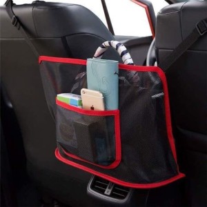 TekkPerry Portable Car Seat Back Cargo Storage Mesh Organizer Net Bag Purse Handbag Pouch Holder with 3 Pockets Black for Barrier of Backseat Pet Kids Disturb 