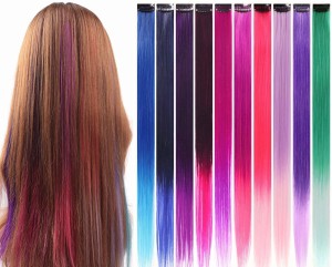 Bundle 12 Pieces of 20 Inches Multi-colors Party Highlights Colorful Clip in Synthetic Hair Extensions,straight Long Hairpieces 