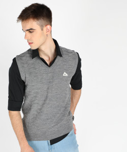 V Neck Casual Men Grey Sweater 