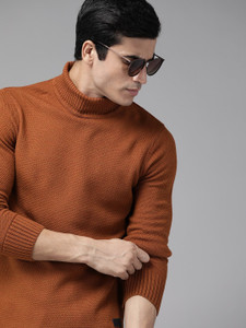 Turtle Neck Casual Men Brown Sweater 