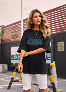 Urbanic Printed Women Round Neck Black 