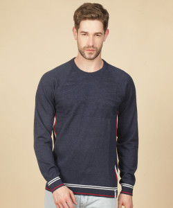 Round Neck Casual Men Dark Blue Sweater 
