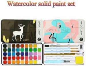 Solid Watercolour Paint 48 Colors Solid Watercolor Pigment with Brush Pen & Sponge Portable Dyestuff Set for Artist Students Art Draw Painting Supplies 