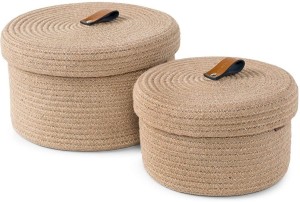 Tosnail Collapsible Jute Storage Bin Nursery Baskets with Leather Handle Closet Great For Bedroom Toys and Cat Stuff Print 