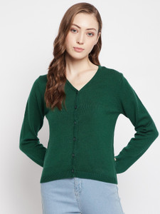 V Neck Casual Women Green Sweater 