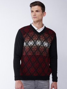 Pivl Printed V Neck Casual Men Black 