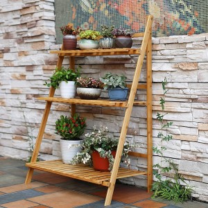 Natural 3 Tier Wooden Plant Stand Bamboo Plant Frame Storage Rack Shelf Pot Holder Folding With Movable Hanging Rod Flower Ladder for Balcony Garden Indoor Outdoor Living Room Use 