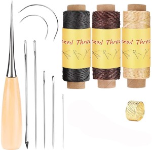 MFDSJ 22 PCS Leather Sewing Repair Kit Thimble Ring,Sewing Awl Repair. for Leather DIY Stitching Large-Eye Needles,Tape Measure Leather Sewing Waxed Thread with Leather 7 Pcs Stitching Needle 
