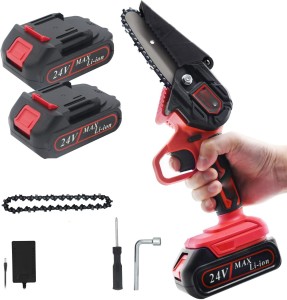 COMOWARE Mini Chainsaw Cordless 4 Inch Handheld Small Chainsaw with 2 2000mAh Battery and 3Pcs Chains One-Handed Portable Mini Chainsaw Battery Powered for Tree Branches Trimming 