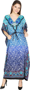 UKAL Women's Cotton Caftan - Blue White Batik Maxi Dress For Beach & Sleepwear