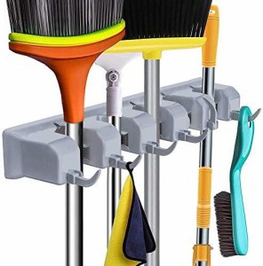 Wall Mounted Organizer with 5 Position 6 Hooks Tidy Organizer for Brush Mop and Broom Tool Storage Broom Mop Holder 