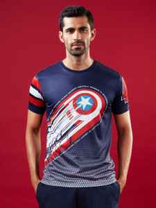Graphic Print Men Round Neck Blue 