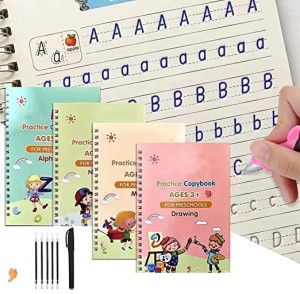4Pcs Reusable English Handwriting Calligraphy Flowing Canvas Drawing Alphabet Number Math Tracing Books for Children Toddler with a Pen Color A Magic Practice Copybook for Kids 