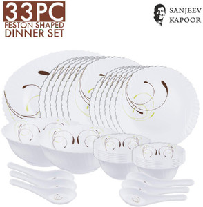 Sanjeev Kapoor Pack of 33 Glass 33 PC WHITE FESTON SHAPE DINNER SET
