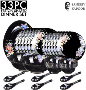 Sanjeev Kapoor Pack of 33 Glass 33 PC BLACK FESTON SHAPE DINNER SET