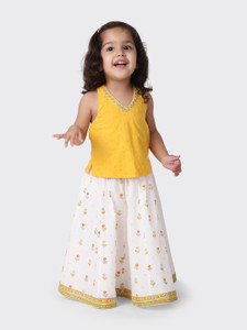 Babyhug Short Sleeves Embroidered Choli with Floral Print Lehenga and Dupatta Set- Yellow