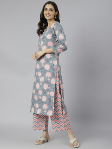 GoSriKi Dames katoen mix bedrukte rechte kurta met broek en Dupatta, Roze, 34