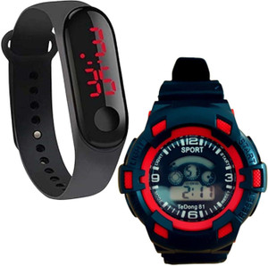 1 LED 1 Colour Display Digital Time Date Wrist Watch Combo 2 Pcs
