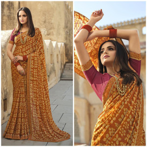 Buy MEETVIN COUTURE Printed Bollywood Georgette Chiffon Mustard