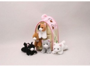 Five Cats in Kitten House Carrying Case Plush Cat House with Cats
