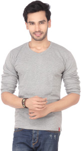 DXI Solid Men V-neck Grey T-Shirt